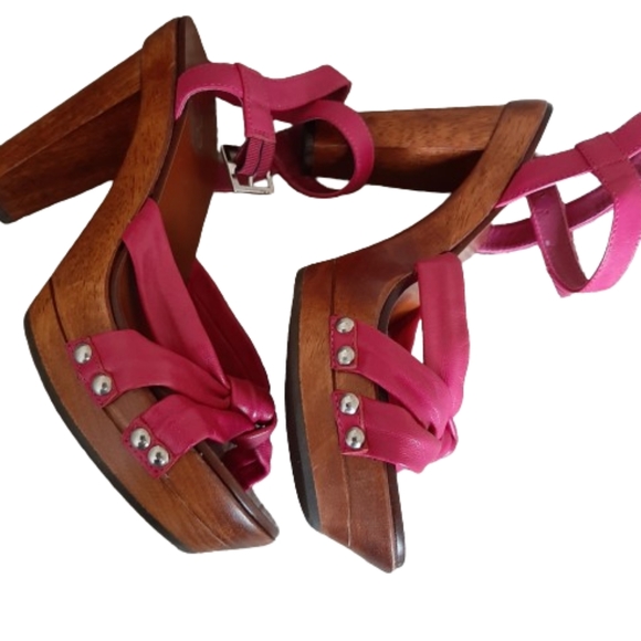 ALDO - Strappy heeled bright pink leather sandals with wooden platform - Size: 8 - Picture 3 of 8